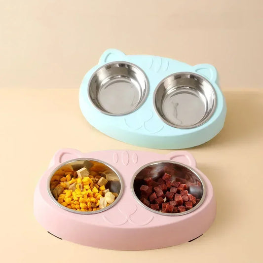 Double Bowl Pet Feeder Tray for Cats and Dogs Plastic
