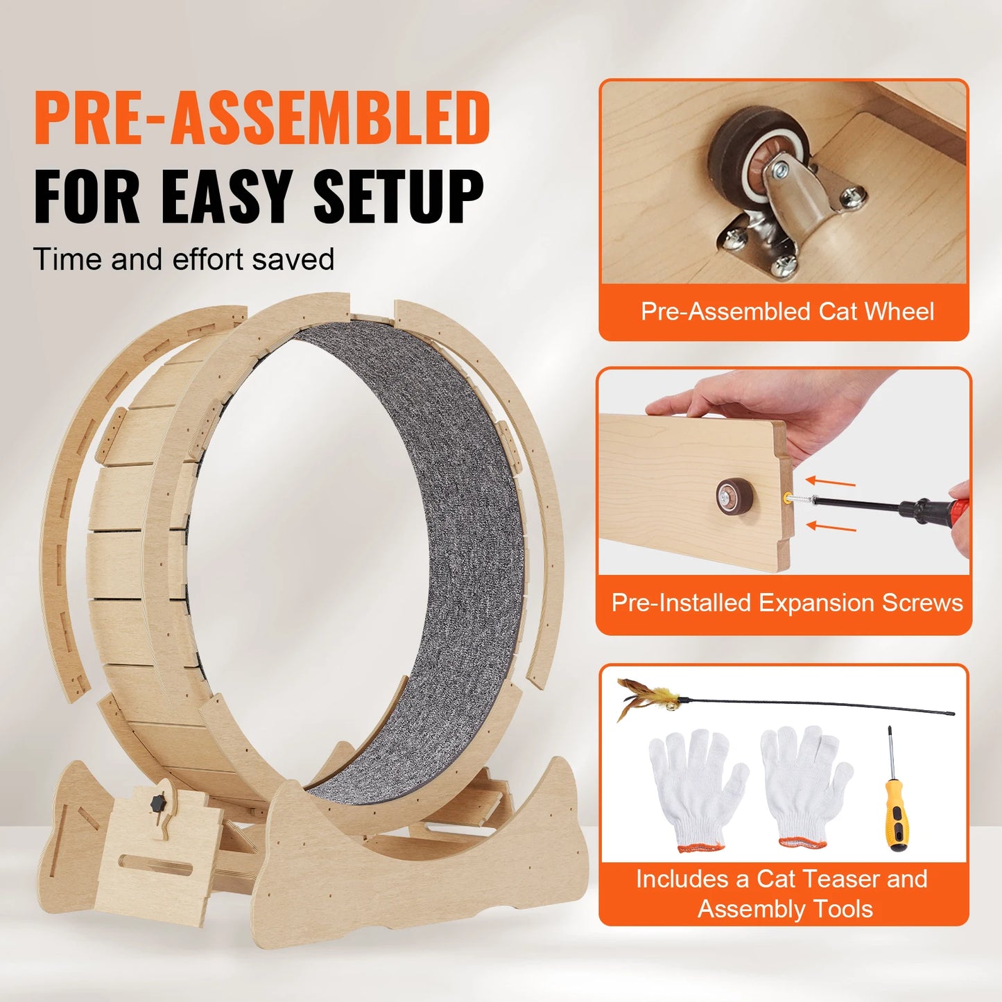 SucceBuy Wooden Cat Exercise Wheel Detachable Carpet Cat Teaser