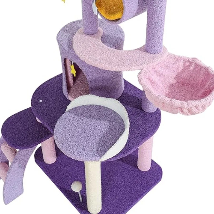 Cute Cat Tower 65 Inches Unique Cat Tree Large Tall for Indoor Cats Purple Pink Cloud Big Cat Tree Cat Castle Mansion Condo for