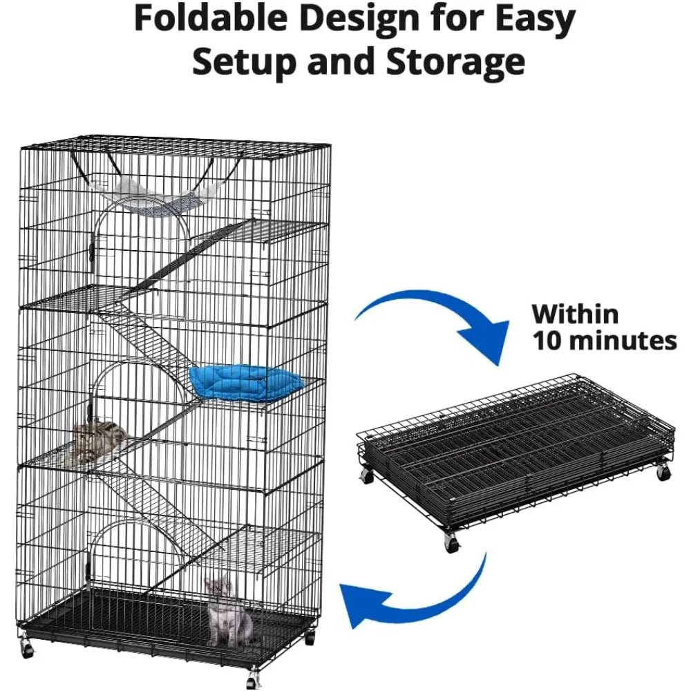6-Tier Large Cat Cage Playpen, 72-inch Indoor/Outdoor Enclosure with 3 Doors, Hammock, Suitable for Cats, Kittens,