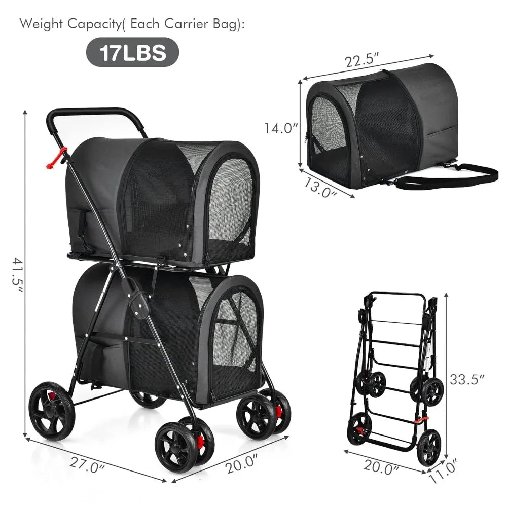 TIFICY Double Pet Stroller With 2 Detachable Carrier Bags