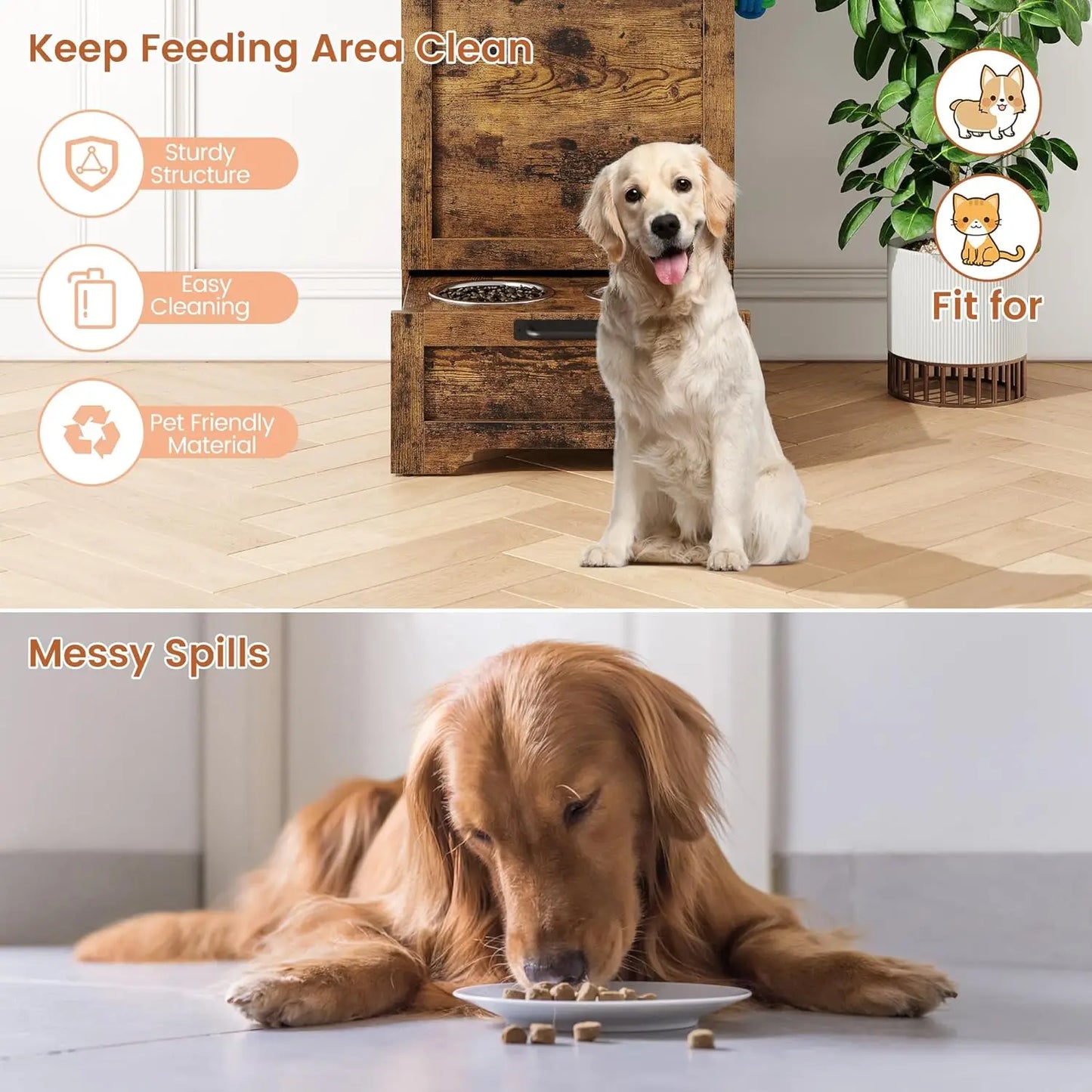 Dog Feeding Station With 2 Elevated Bowls Flip Top Food Storage Cabinet & Pet Toy Organizer 48-Quart Capacity Pull-Out Feeder
