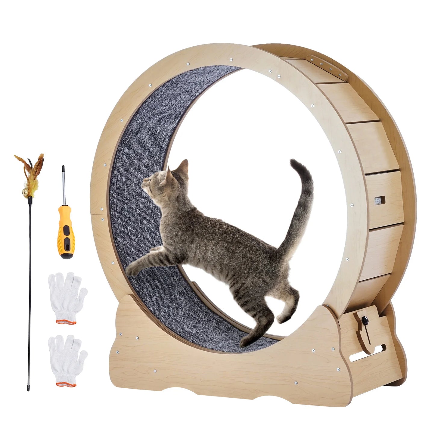 SucceBuy Wooden Cat Exercise Wheel Detachable Carpet Cat Teaser