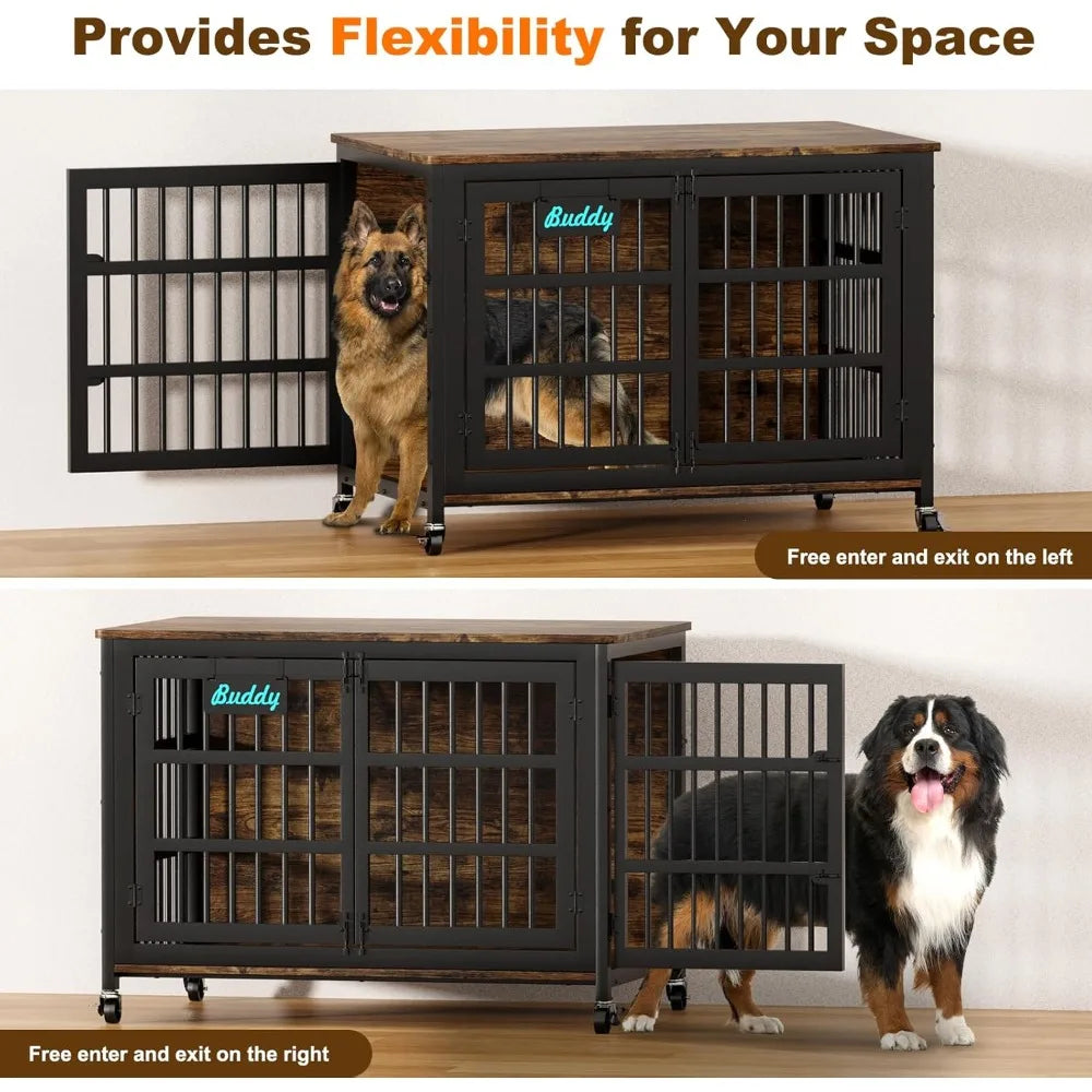 48"/42"/33" Dog Crate Furniture with Name Tag, Heavy Duty Dog Kennel Indoor for Large Dogs, Escape-Proof and Chew-Proof Dog Cag