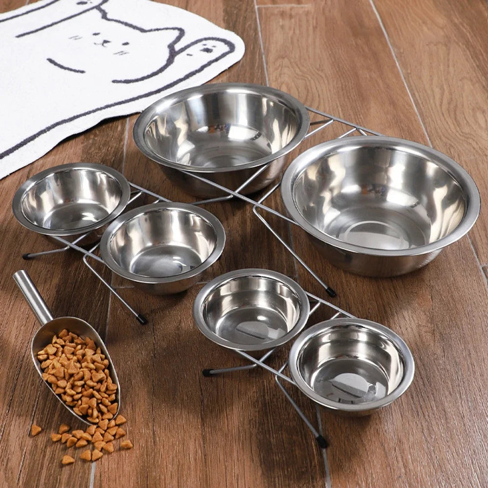 1pc S/M/L Stainless Steel Floor-standing Pet Double Bowl Fall-proof & Durable‌ Line Iron Frame Feeder Dog Bowls for Pet Dogs Cat
