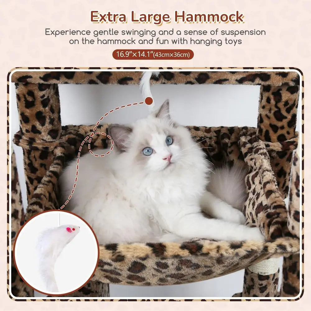 Sturdy 70 Leopard Print Cat Tower with Scratching Post, Hammock, and 2 Condos for Indoor Cats