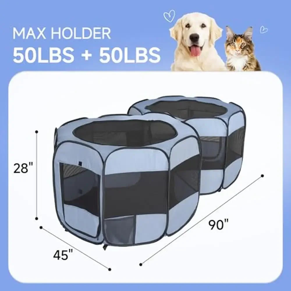 2-in-1 Dog & Cat Playpen Portable Pop-up Indoor/Outdoor Kennel Dual Zone Design Sturdy Steel Frame Removable Top Cover Roll-Up
