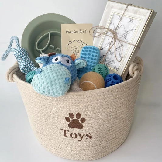 Dog Welcome Gift Box – New Puppy Starter Kit with Promise Card, Frame, Toys, Double‑Sided Bowl & Brush in Woven Basket – Dog Ado