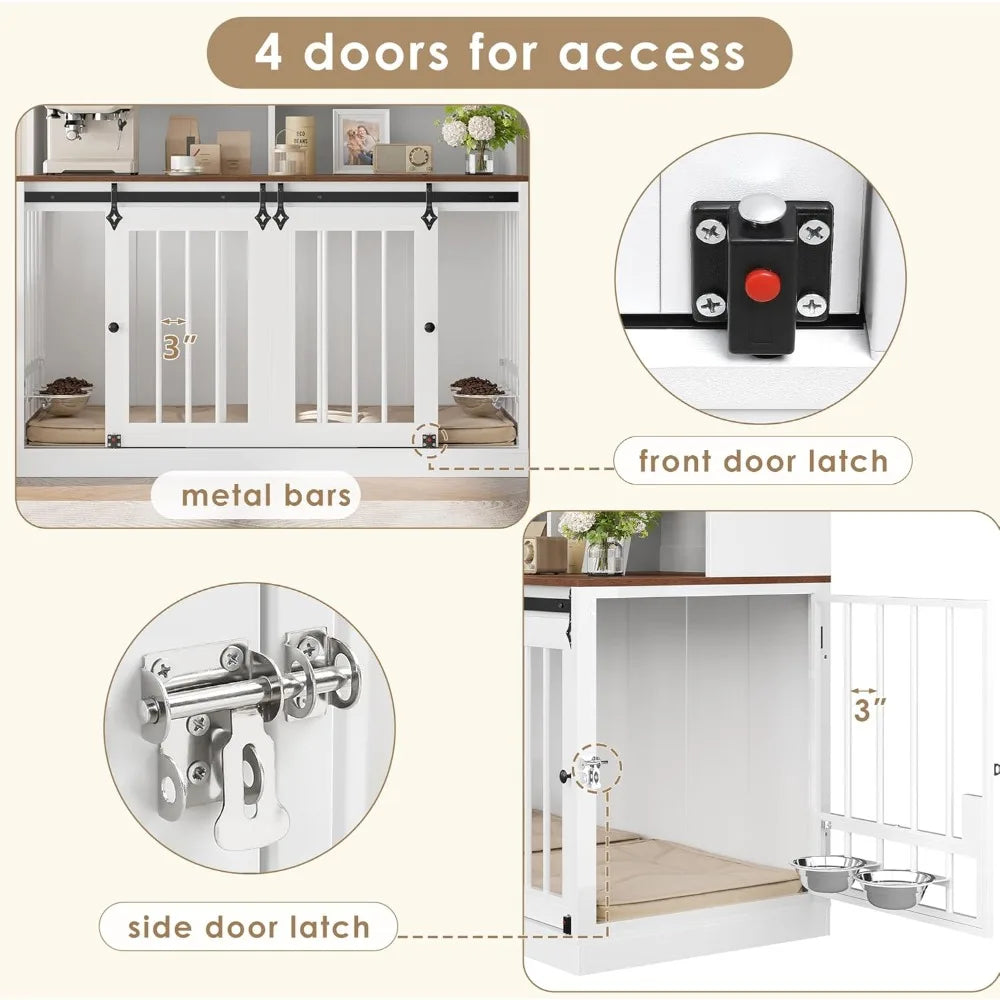 Dog Crate Furniture for Large Dogs for 2 Pets with Divider, Front&Sides 4 Doors Dog Kennel with Feeding Bowls, Indoor Cage/Side