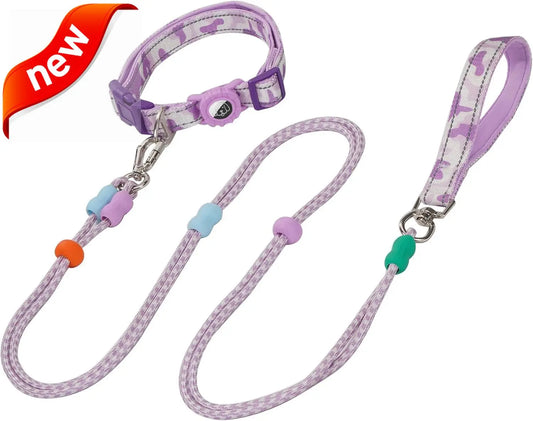 Dog Leash and Collar Set with AirTag Holder for Small Medium Large Dogs,5 FT Double Rope Leashes