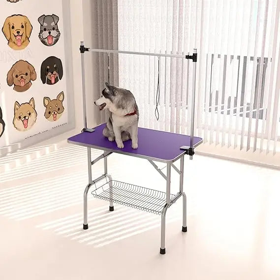 Foldable Dog Grooming Table with Adjustable Arm, Noose, and Storage Mesh Tray, Supports Up to 330lbs