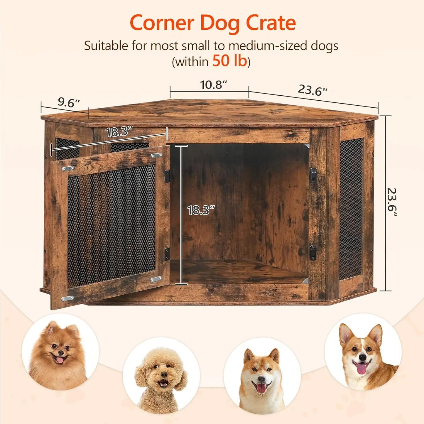 Corner Dog Crate Furniture, Wooden Kennel End Table for Small Medium Dogs, Indoor Pet Cage TV Stand Rustic Brown