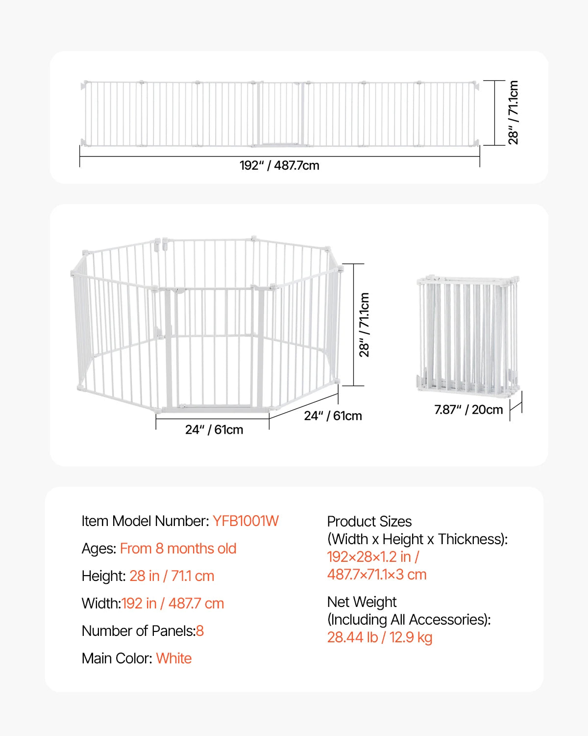 VEVOR Baby Gate 28/30/36 Inches High Dog Gate Easy Step Walk Thru Child Pet Security Pressure Mount Kit Wall Cups Doorways
