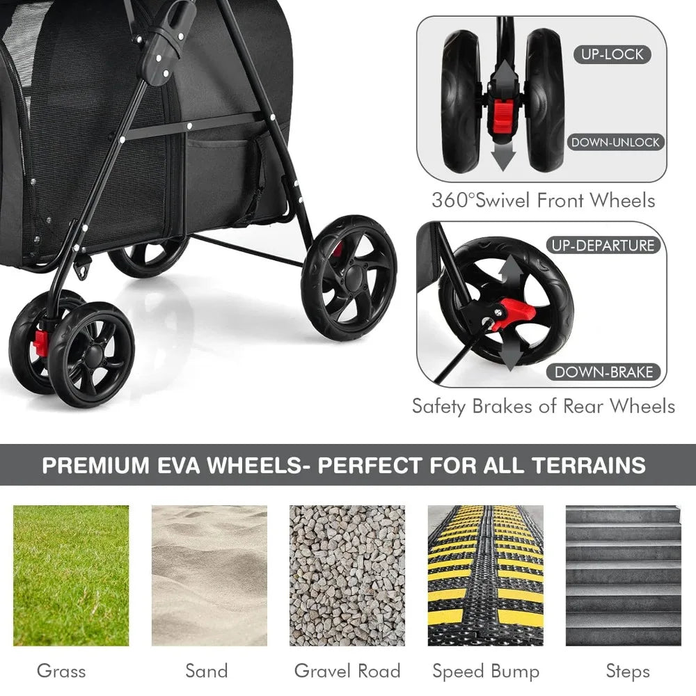 TIFICY Double Pet Stroller With 2 Detachable Carrier Bags
