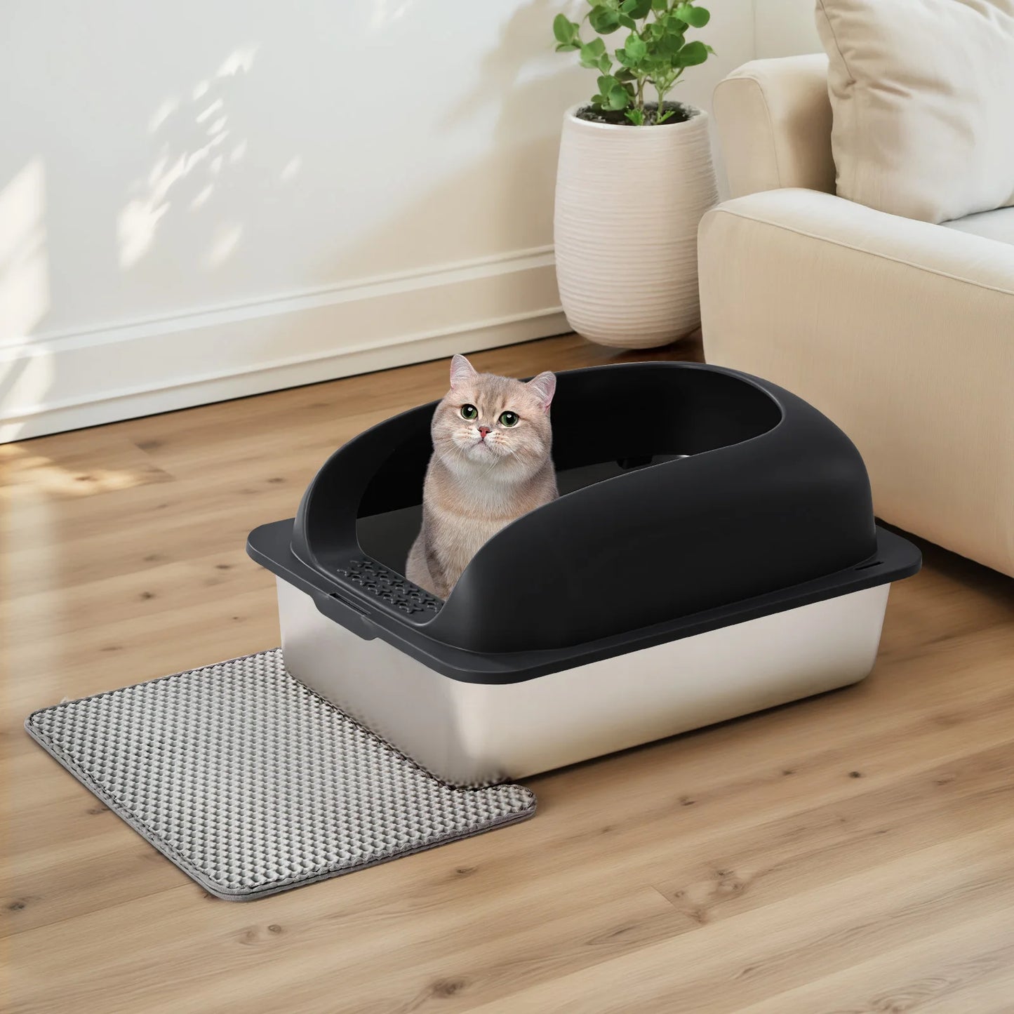 JHK 24IN Stainless Steel Cat Litter Box with Lid Large Cat Litter Box for Big Cats Anti-Urine Leakage Scoop and Mat Included