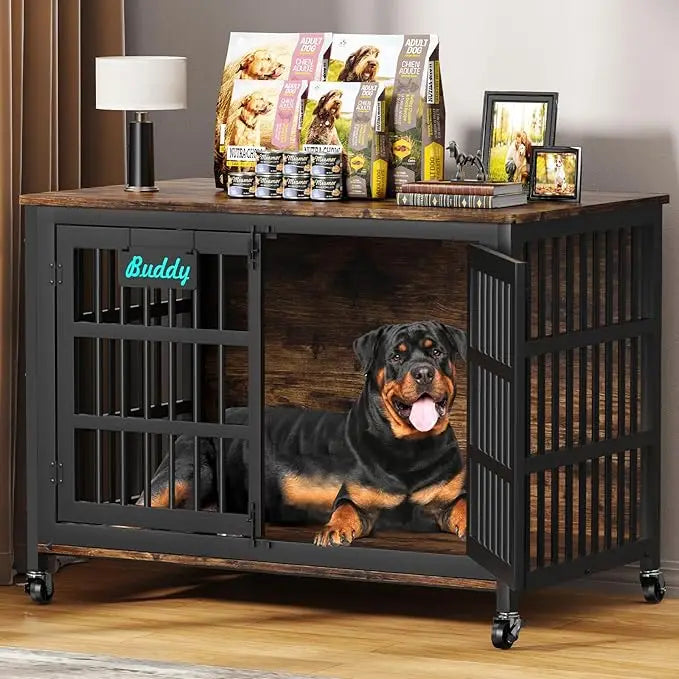 48"/42"/33" Dog Crate Furniture with Name Tag, Heavy Duty Dog Kennel Indoor for Large Dogs, Escape-Proof and Chew-Proof Dog Cag