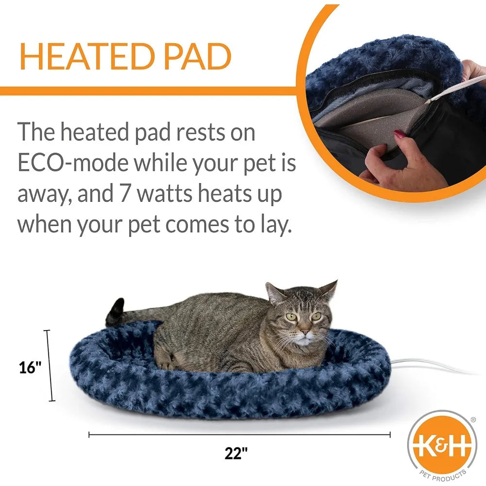 K&H Pet Products Bolster Heated Cat Bed for Indoor Cats, Thermo-Kitty Fashion Splash Orthopedic Foam Heated Pet Bed for Large Ca
