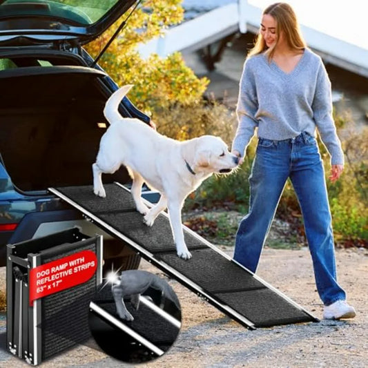 Dog Ramp for Car SUV Truck Wide Folding Ramp for Large Dogs NonSlip Rug Surface Reflective Strips Portable with Carrying Bag 63