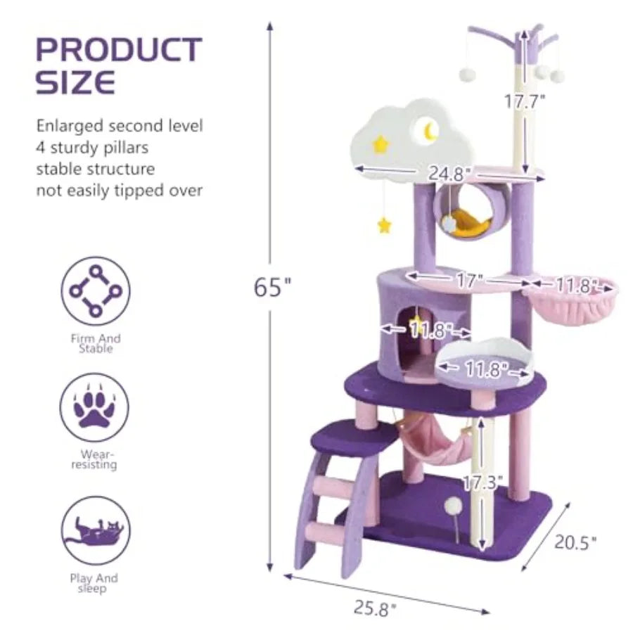 Cute Cat Tower 65 Inches Unique Cat Tree Large Tall for Indoor Cats Purple Pink Cloud Big Cat Tree Cat Castle Mansion Condo for