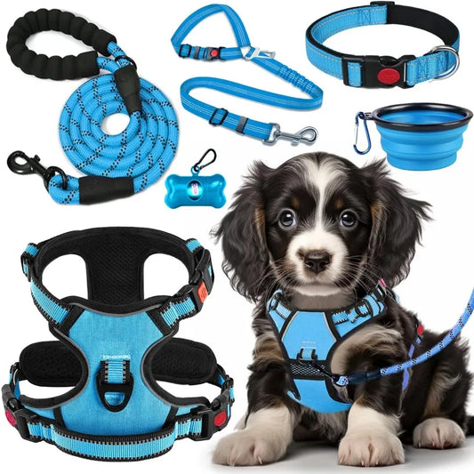 No Pull Dog Harness Collar Leash Set with Dog Seat Belt Collapsible Bowls and Poop Bag Dispenser for Training Walking and Hikin