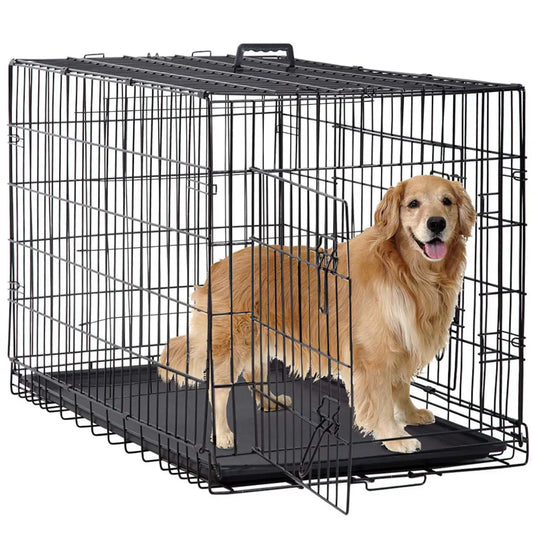 48 Inch Foldable Dog Crate, Large Metal Kennel with Double Doors & Leakproof Tray