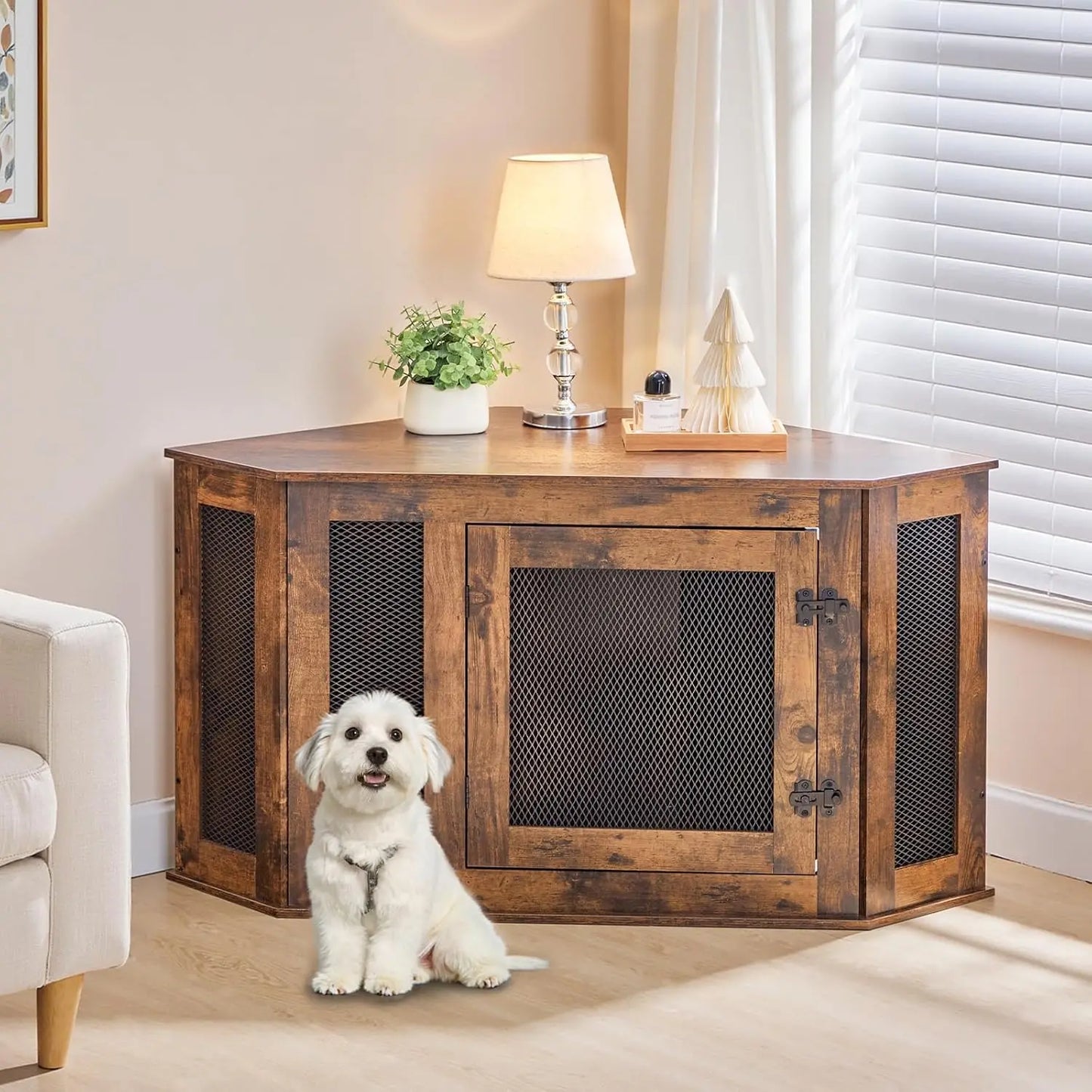 Corner Dog Crate Furniture, Wooden Kennel End Table for Small Medium Dogs, Indoor Pet Cage TV Stand Rustic Brown