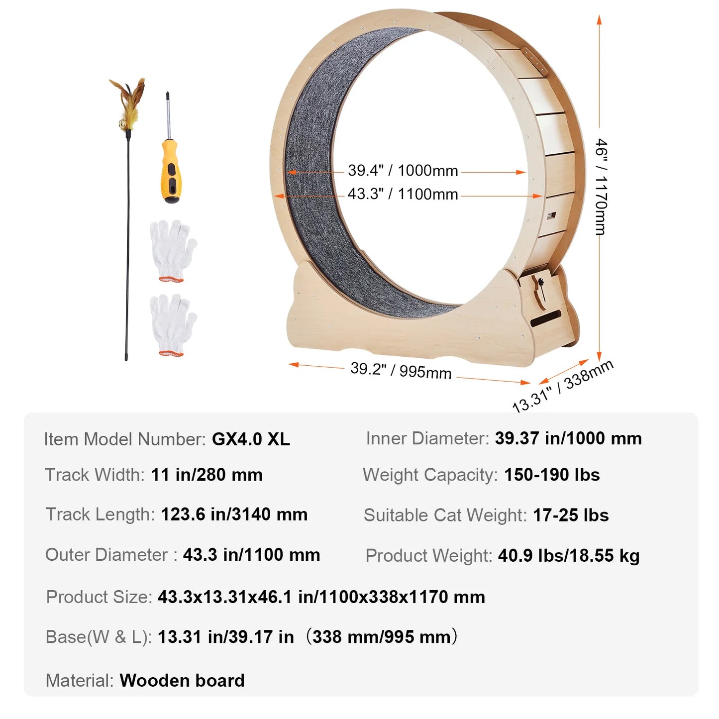 SucceBuy Wooden Cat Exercise Wheel Detachable Carpet Cat Teaser