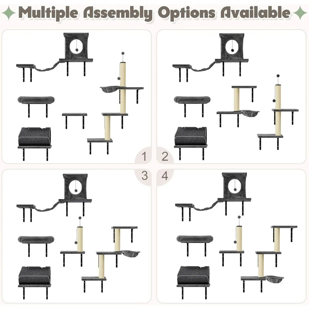 ZHIYONG 7-In-1 Wall Mounted Cat Climber Set With House Bridge Tree