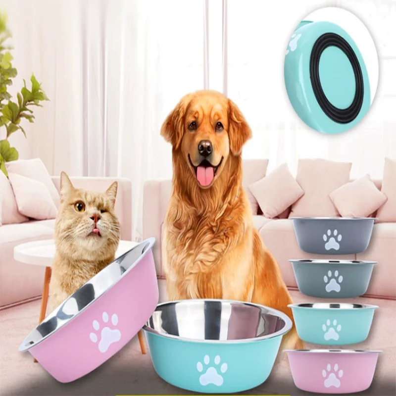 New pet bowls, large-capacity dog food bowls, stainless steel anti-knock household dog bowls, large-scale pet supplies.