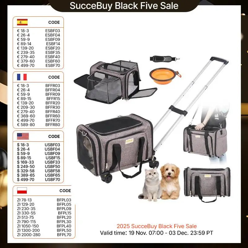 SucceBuy Pet Cat Carrier Breathable Outgoing Dog Carry Backpack with Telescopic Handle Wheels and Shoulder Strap for Travel Trip