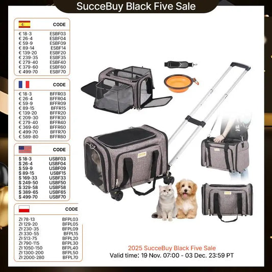 SucceBuy Pet Cat Carrier Breathable Outgoing Dog Carry Backpack with Telescopic Handle Wheels and Shoulder Strap for Travel Trip