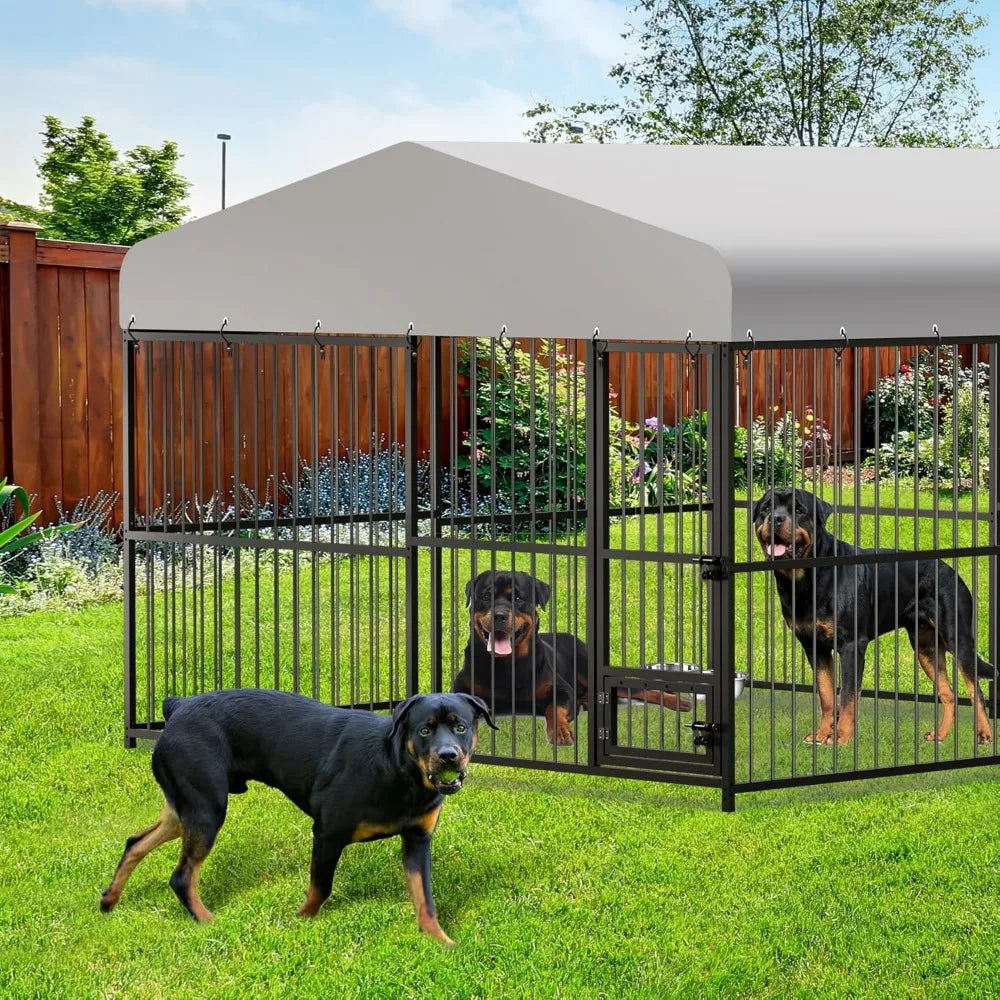 Large Outdoor Dog Kennel with Waterproof Cover, Large Dog House with Feeding Doors, Heavy Duty Dog Enclosures for Garden Backyar