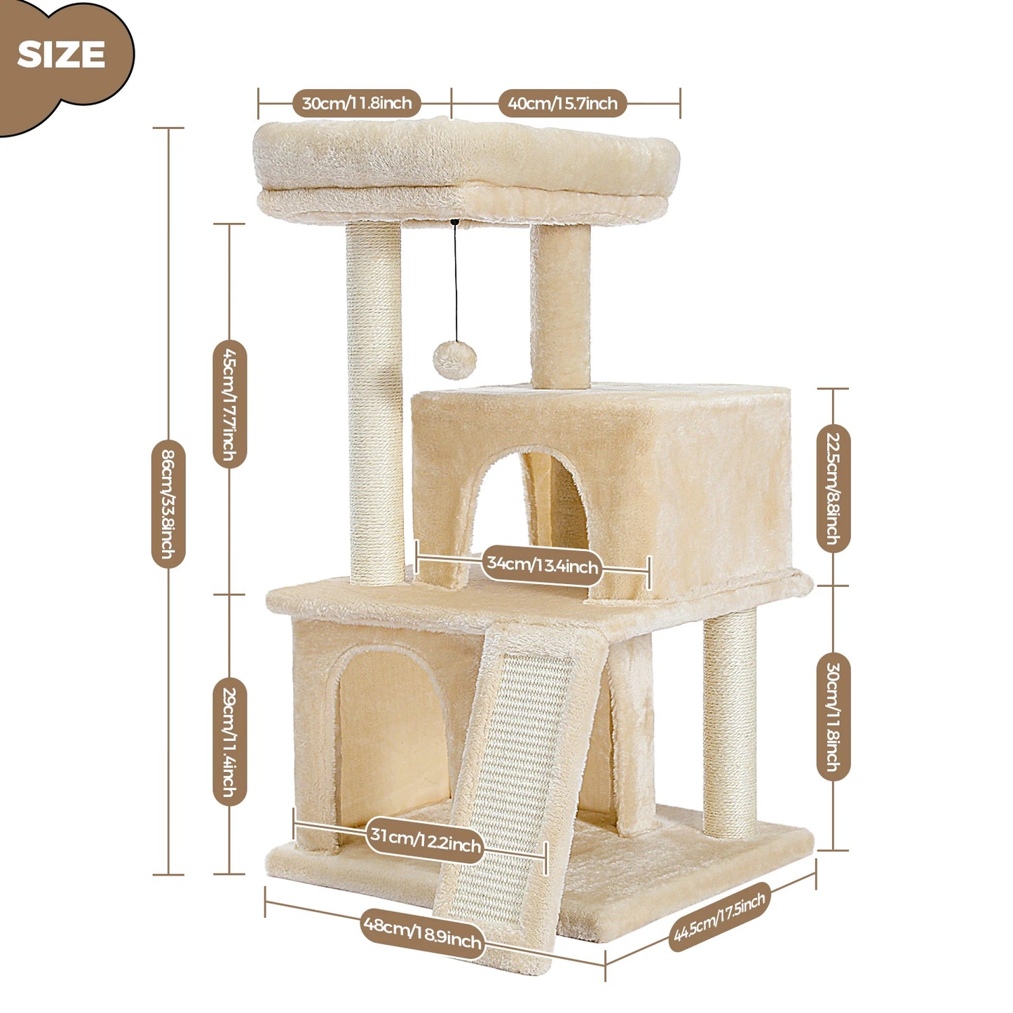 Large Cat Tree for Indoor Cats, Multi-Level Cat Tower with Sisal Scratching Post, 2 Spacious Condo, Cat Scratching Pad, Cat Toys