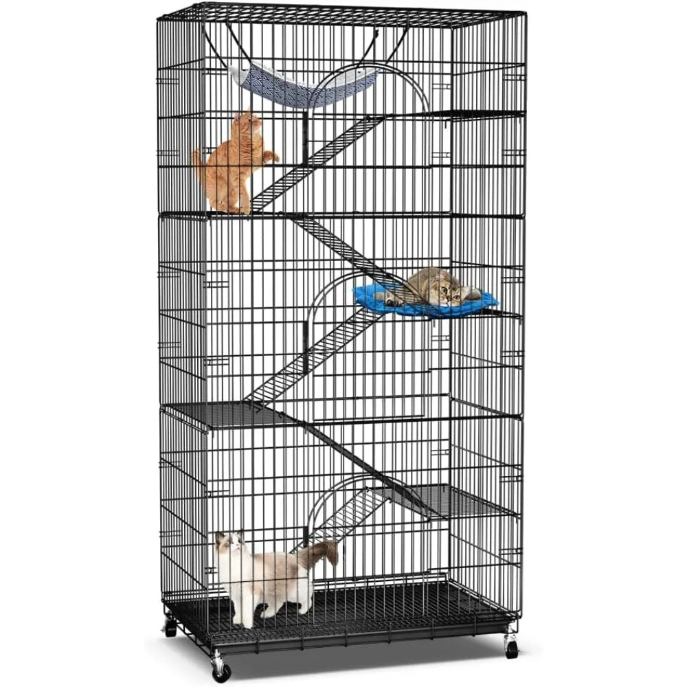 6-Tier Large Cat Cage Playpen, 72-inch Indoor/Outdoor Enclosure with 3 Doors, Hammock, Suitable for Cats, Kittens,