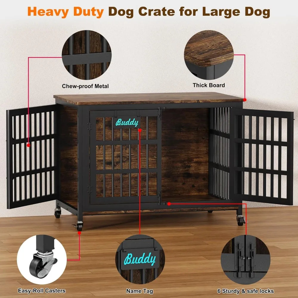 48"/42"/33" Dog Crate Furniture with Name Tag, Heavy Duty Dog Kennel Indoor for Large Dogs, Escape-Proof and Chew-Proof Dog Cag