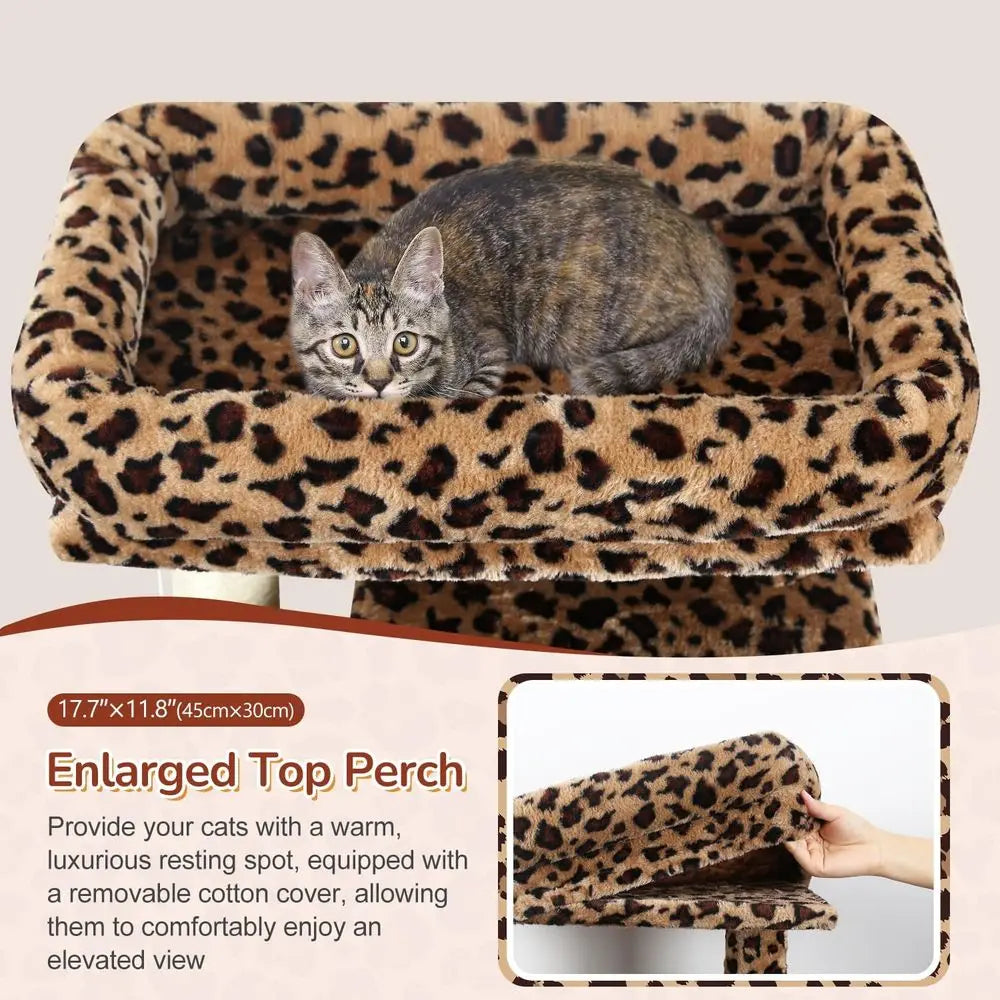 Sturdy 70 Leopard Print Cat Tower with Scratching Post, Hammock, and 2 Condos for Indoor Cats