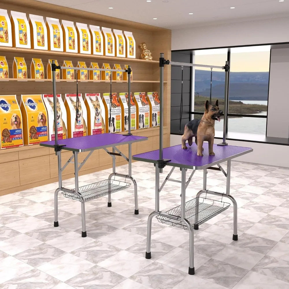 Foldable Dog Grooming Table with Adjustable Arm, Noose, and Storage Mesh Tray, Supports Up to 330lbs