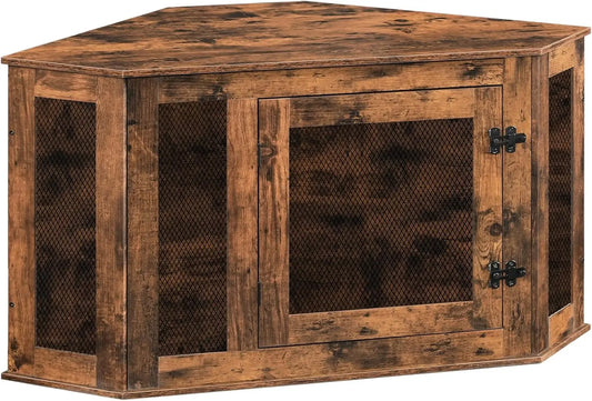 Corner Dog Crate Furniture, Wooden Kennel End Table for Small Medium Dogs, Indoor Pet Cage TV Stand Rustic Brown