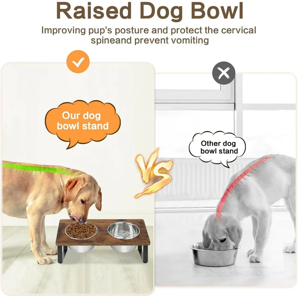 Elevated Dog Bowls for Small Medium Wood Dogs Raised Bowl Stand with 2 Stainless Steel Deep Dog Food and Water Bowls, Anti Vomit