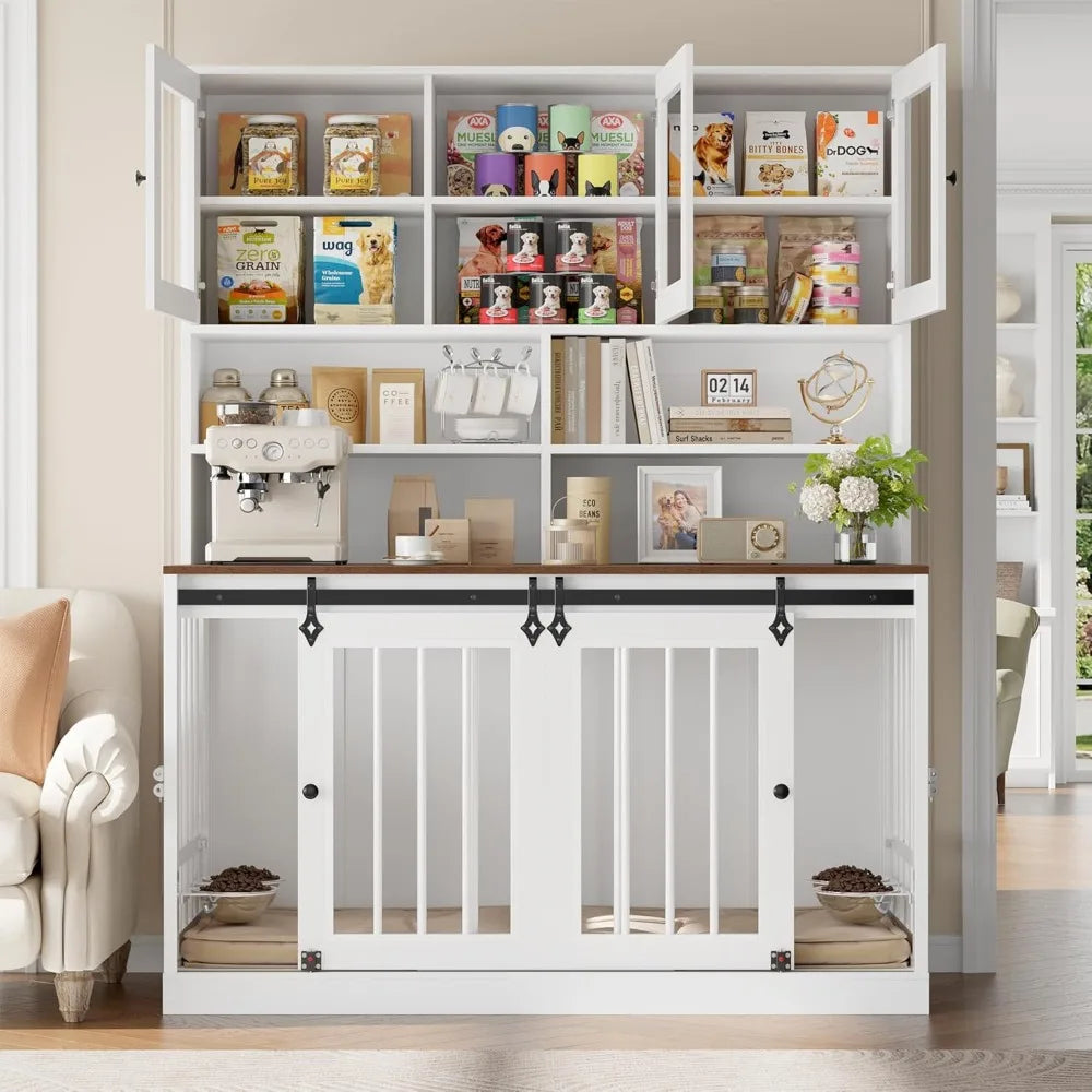 Dog Crate Furniture for Large Dogs for 2 Pets with Divider, Front&Sides 4 Doors Dog Kennel with Feeding Bowls, Indoor Cage/Side