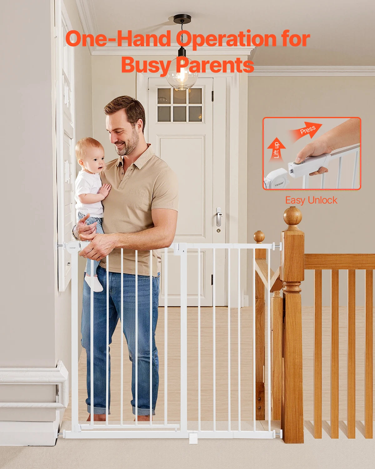 VEVOR Baby Gate 28/30/36 Inches High Dog Gate Easy Step Walk Thru Child Pet Security Pressure Mount Kit Wall Cups Doorways