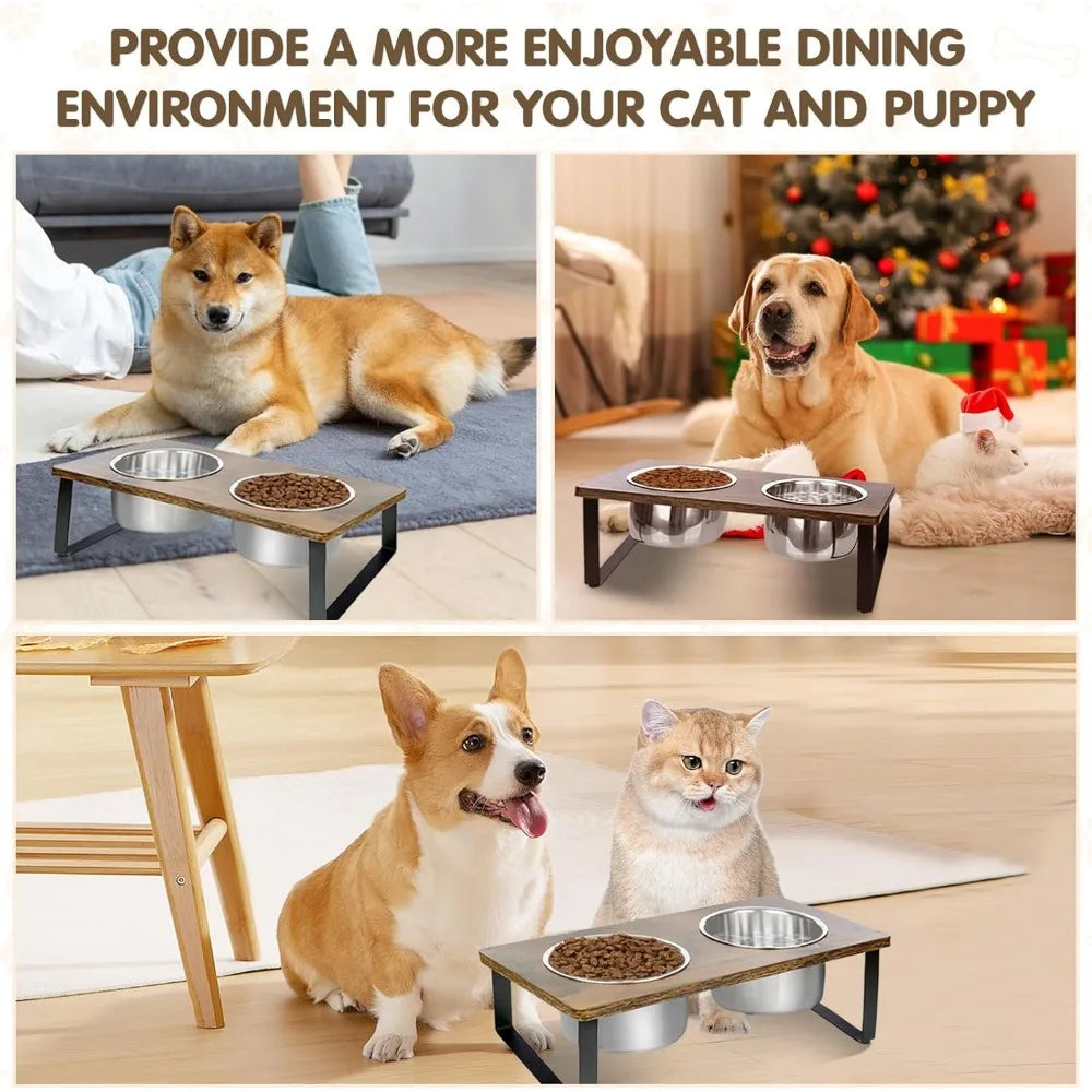 Elevated Dog Bowls for Small Medium Wood Dogs Raised Bowl Stand with 2 Stainless Steel Deep Dog Food and Water Bowls, Anti Vomit