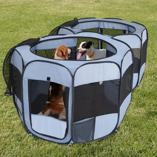 2-in-1 Dog & Cat Playpen Portable Pop-up Indoor/Outdoor Kennel Dual Zone Design Sturdy Steel Frame Removable Top Cover Roll-Up