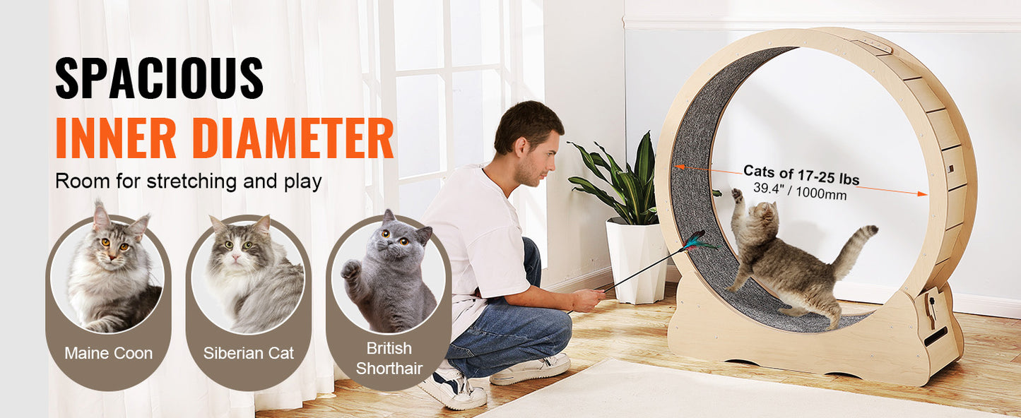 SucceBuy Wooden Cat Exercise Wheel Detachable Carpet Cat Teaser